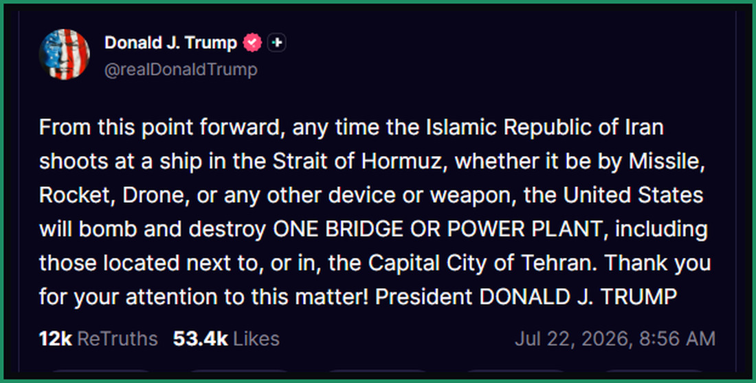 A social media post from President Trump, timestamped 8:56 a.m., regarding retaliation for further Iranian strikes on shipping in the Strait of Hormuz